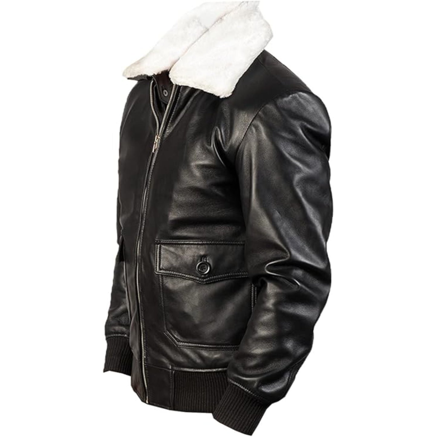 Black leather jacket with white fur lining on a white background