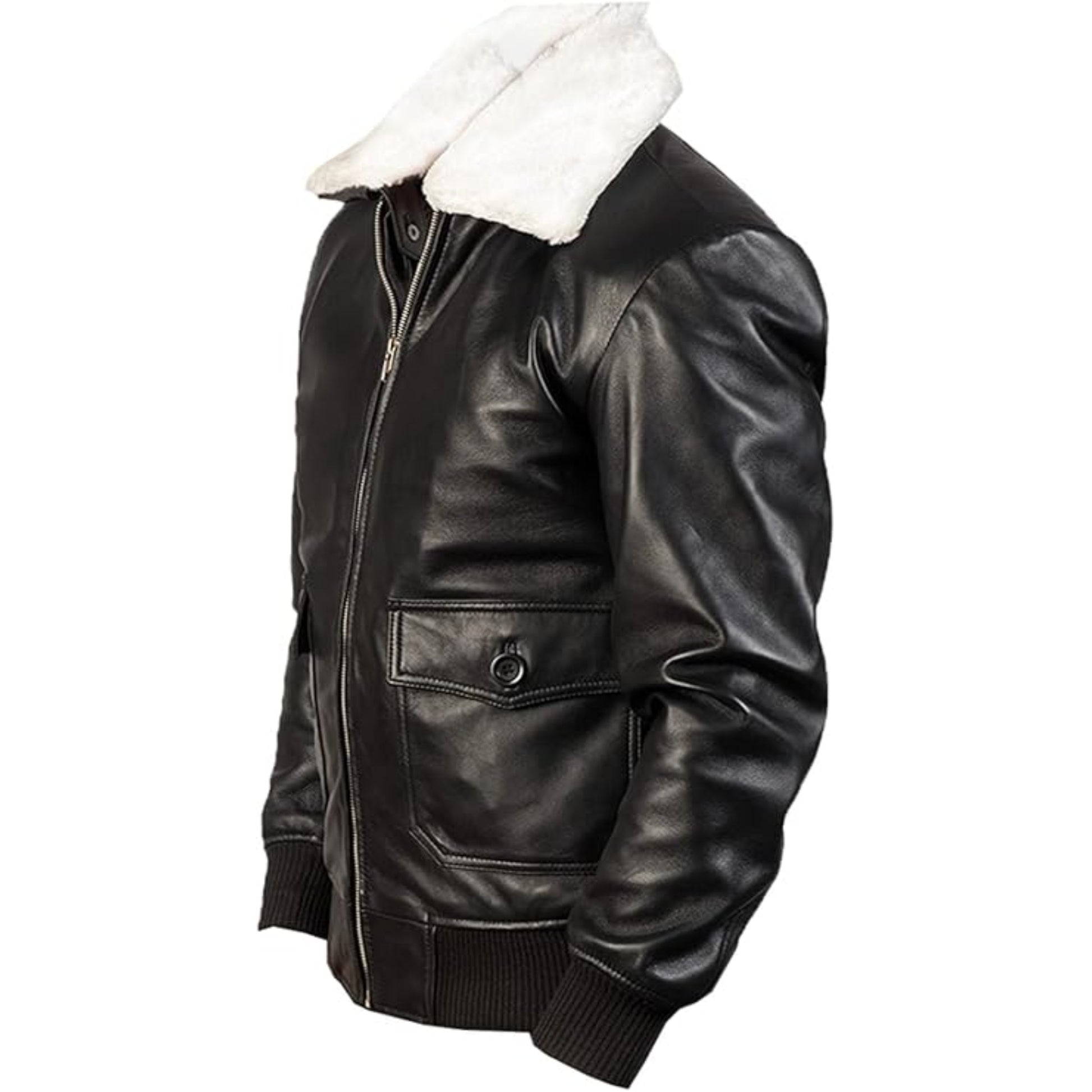 Black leather jacket with white fur lining on a white background