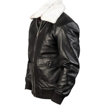 Black leather jacket with white fur lining on a white background