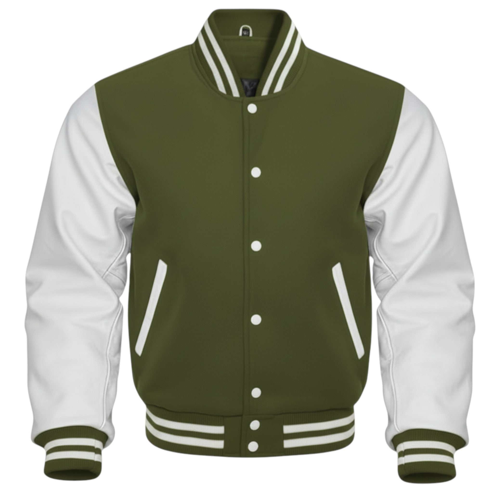 Green and white varsity jacket on a white background