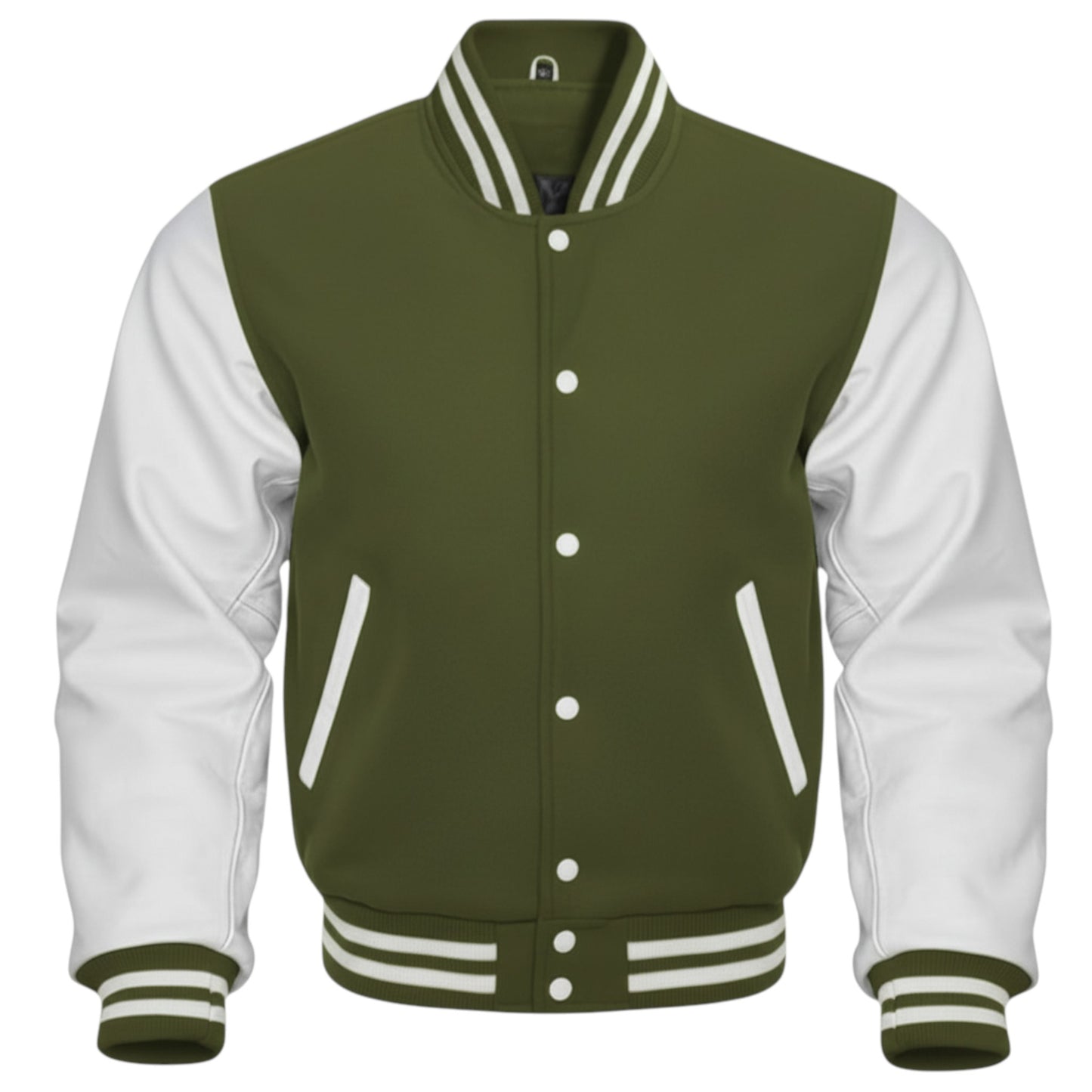 Unisex Olive Green & White Letterman Bomber – Retro Varsity Style