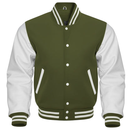 Unisex Olive Green & White Letterman Bomber – Retro Varsity Style