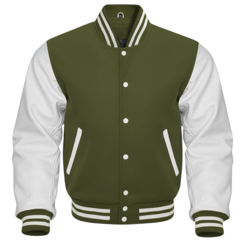 Green and white varsity jacket on a white background