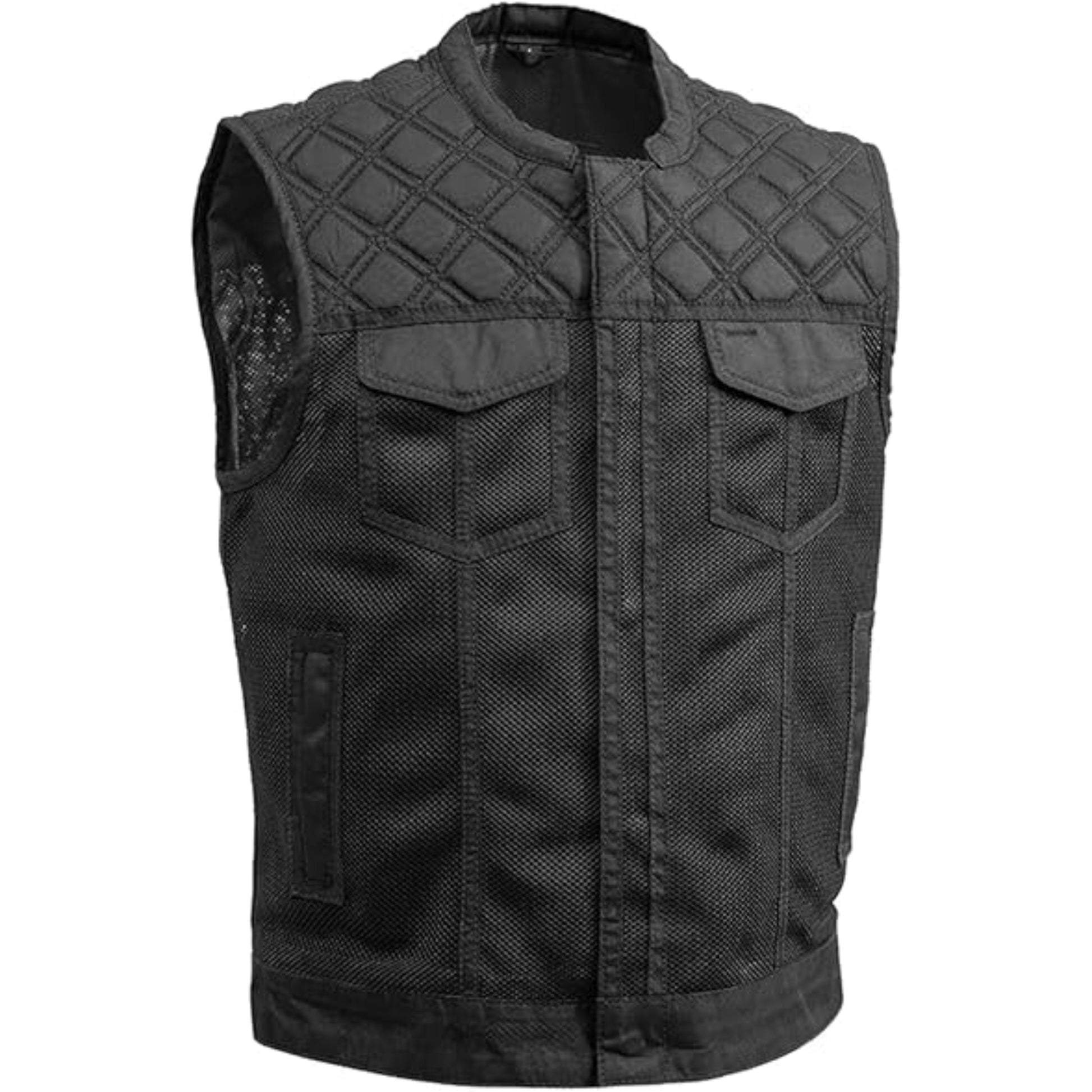 Black quilted vest on a white background