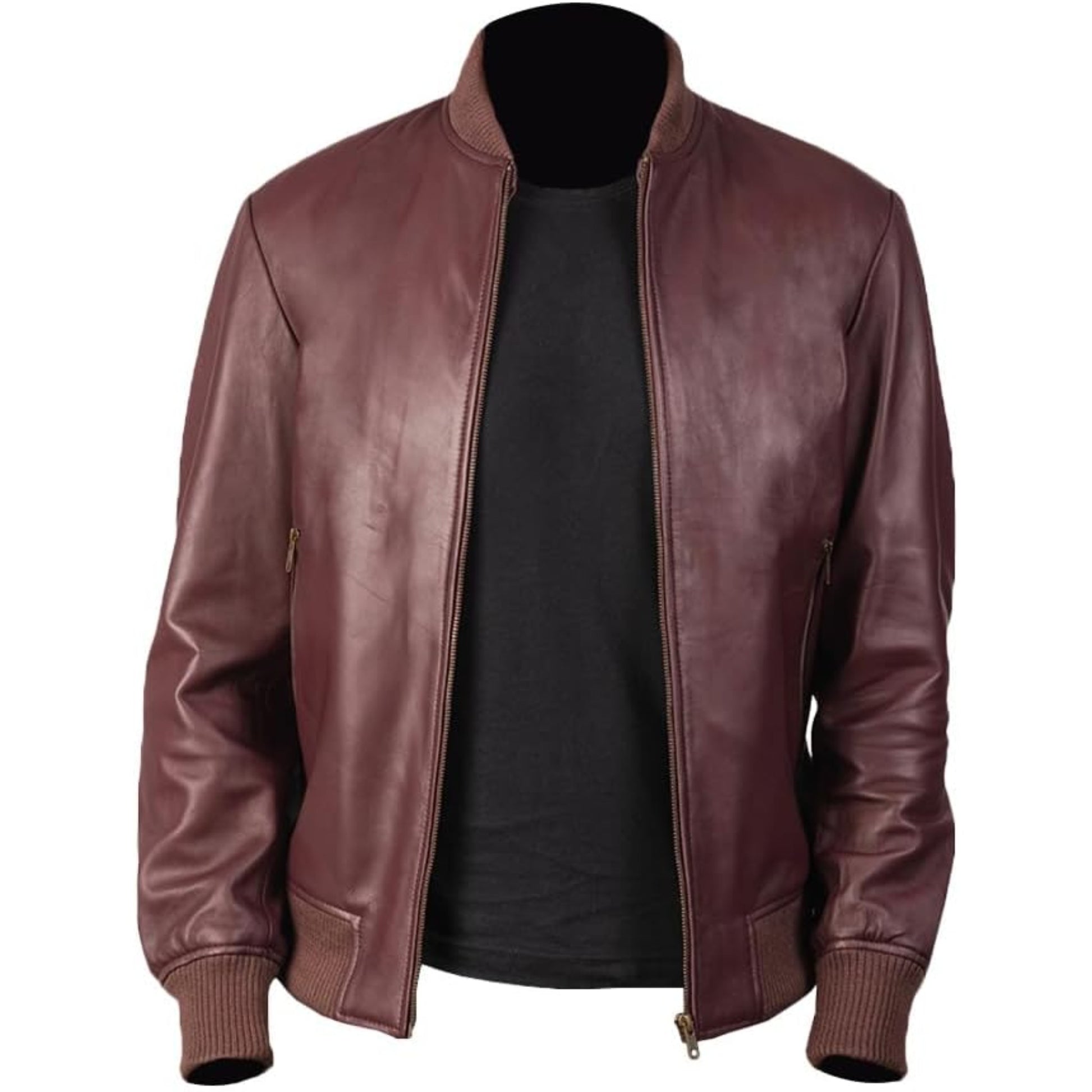 Brown leather jacket on a mannequin with a white background