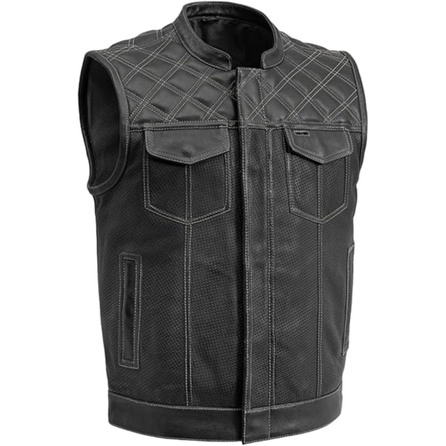 Black leather vest with quilted design on a white background