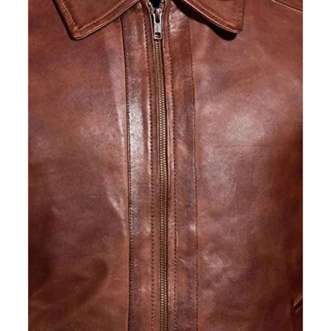 Men Premium Brown Leather Jacket Harrington Collar Style