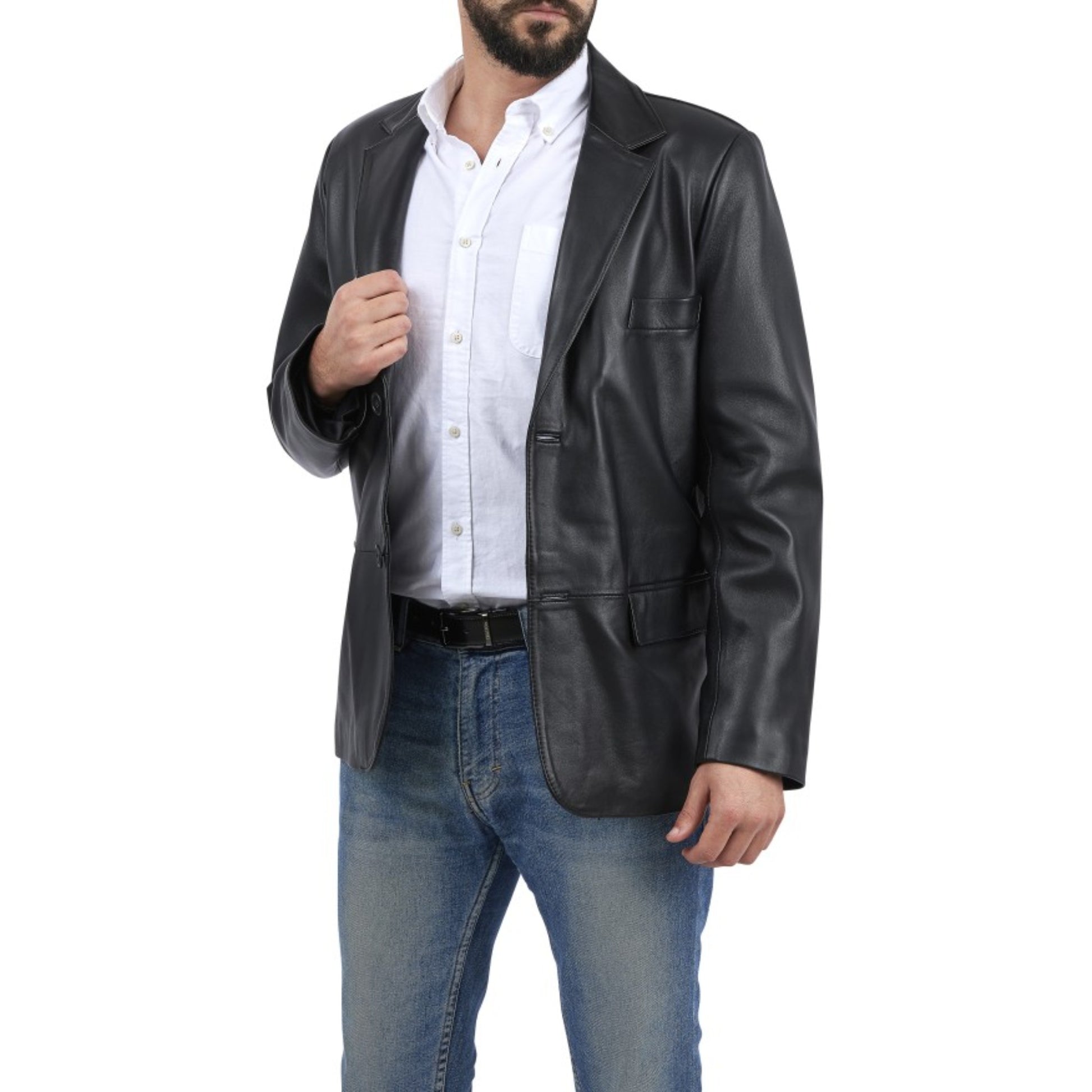 Man wearing a black leather jacket over a white shirt and blue jeans on a white background