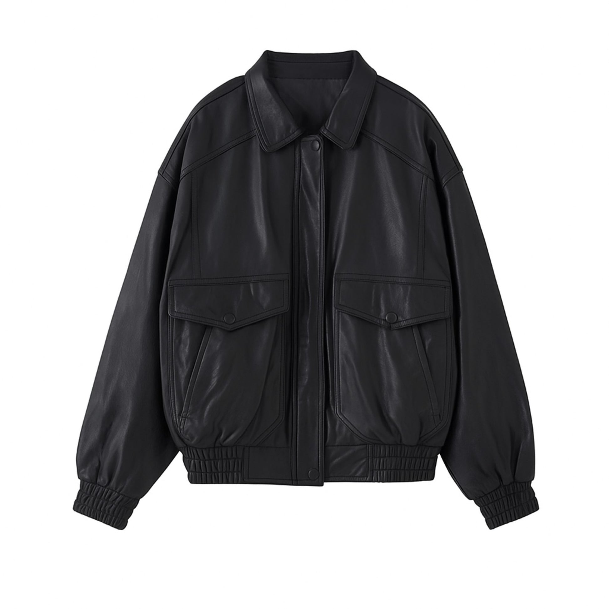 Black leather jacket with two front pockets on a white background
