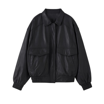Black leather jacket with two front pockets on a white background