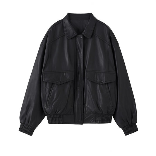 Black leather jacket with two front pockets on a white background