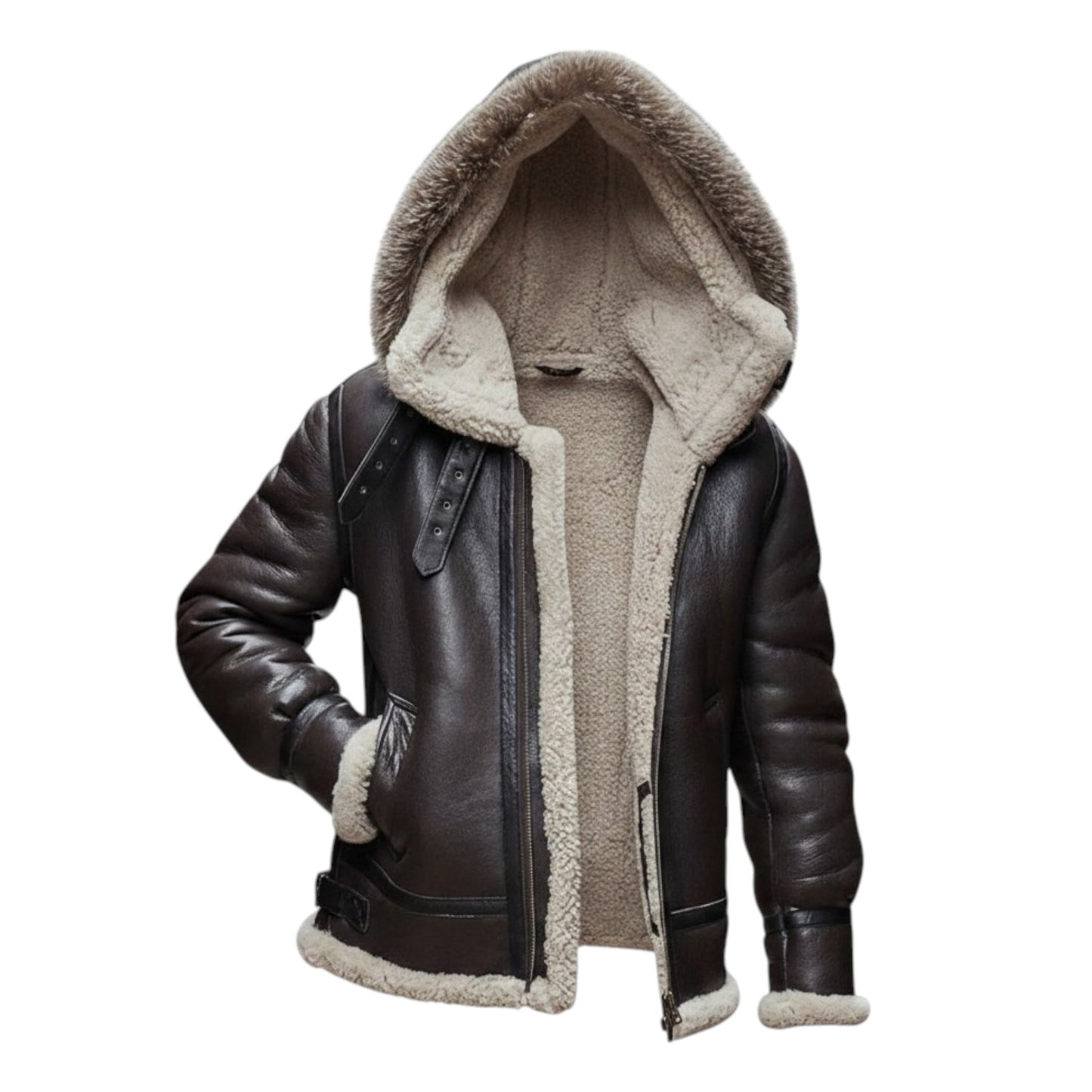 Brown leather jacket with beige fur lining on a white background