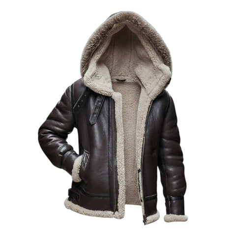 Brown leather jacket with beige fur lining on a white background