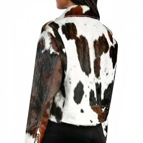 Women's Belted Hair-On Cowhide Genuine Leather Biker Jacket