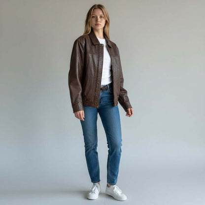 Premium Retro 90s Oversized Brown Leather Bomber Jacket