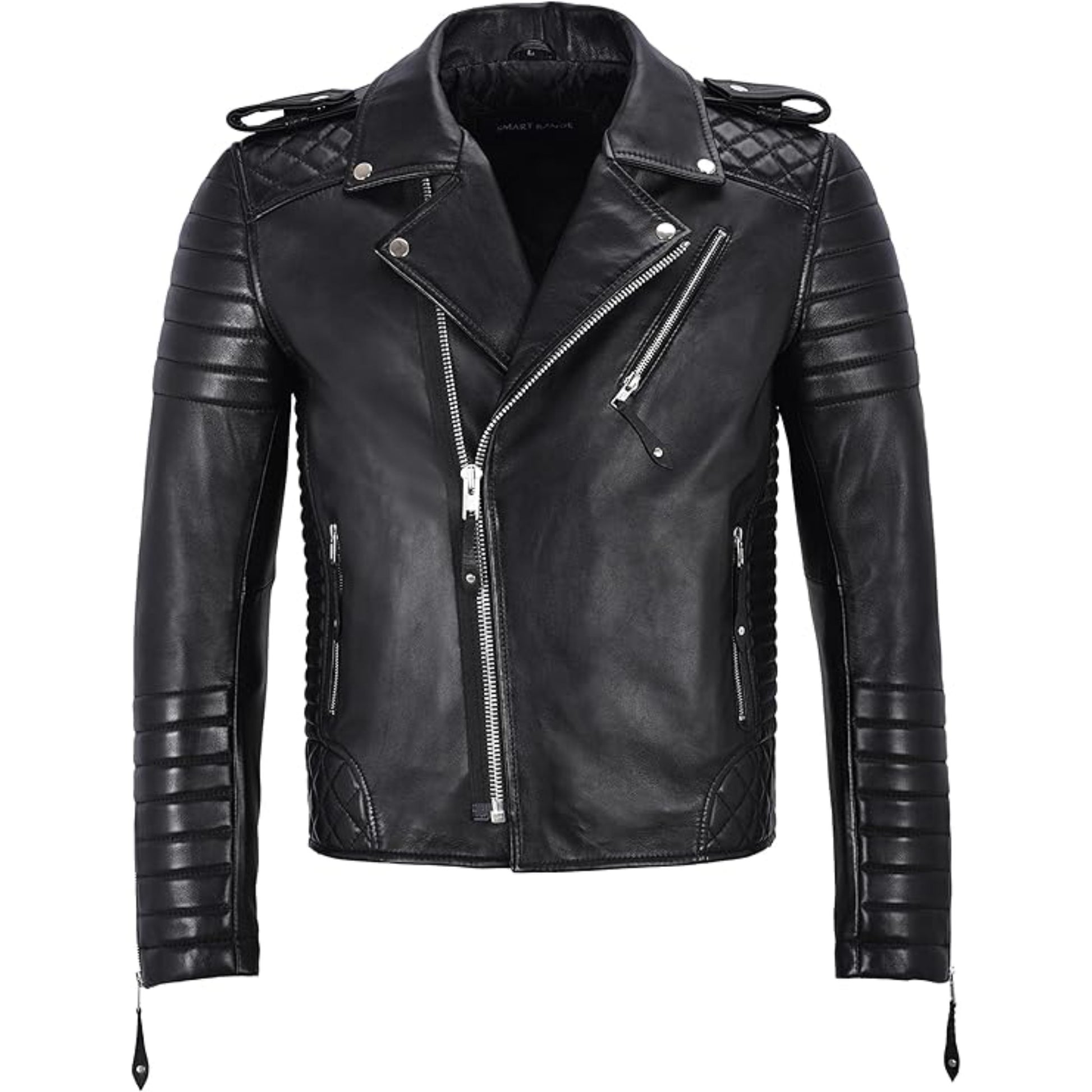 Black leather jacket with zippers on a white background