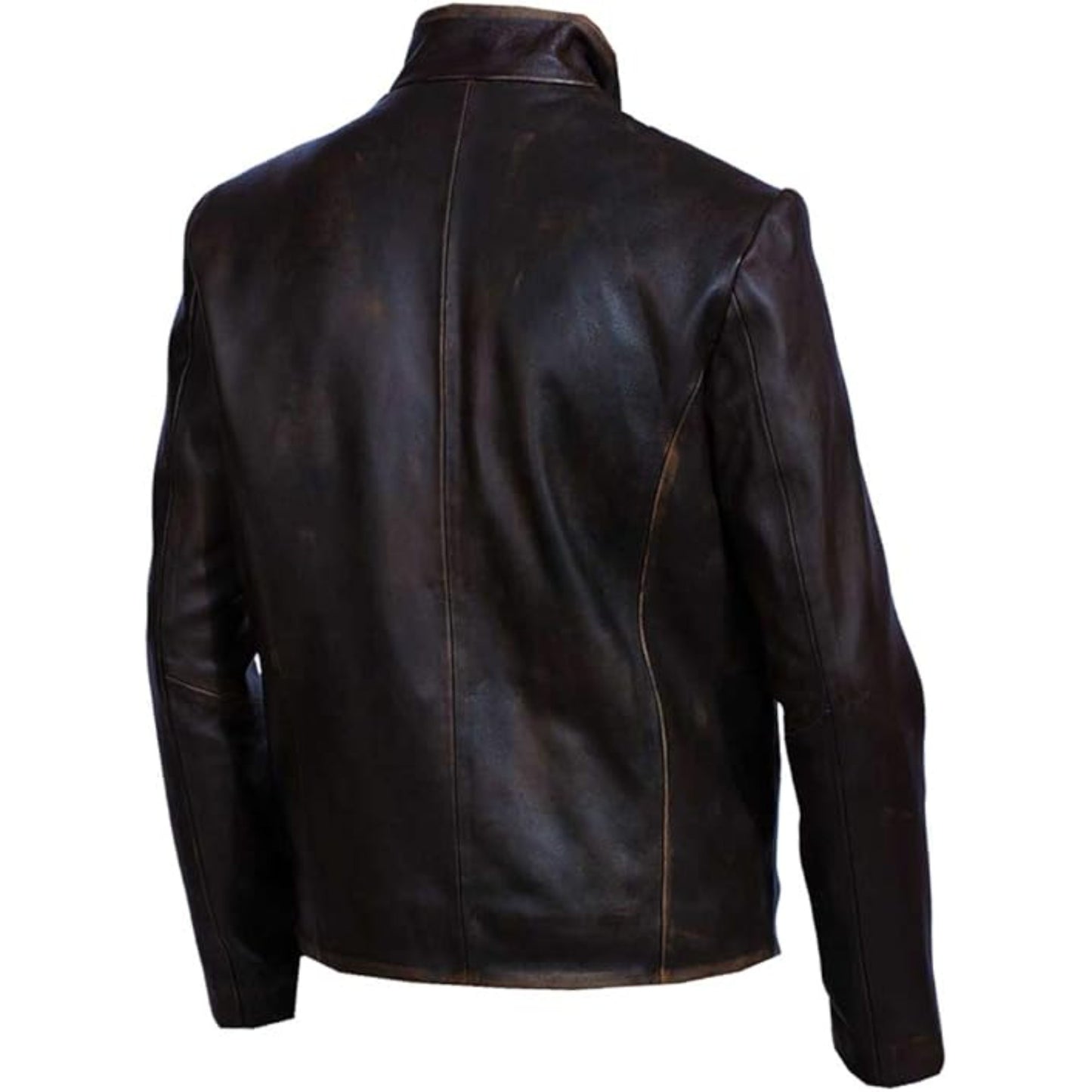 Back view of a dark brown leather jacket on a white background