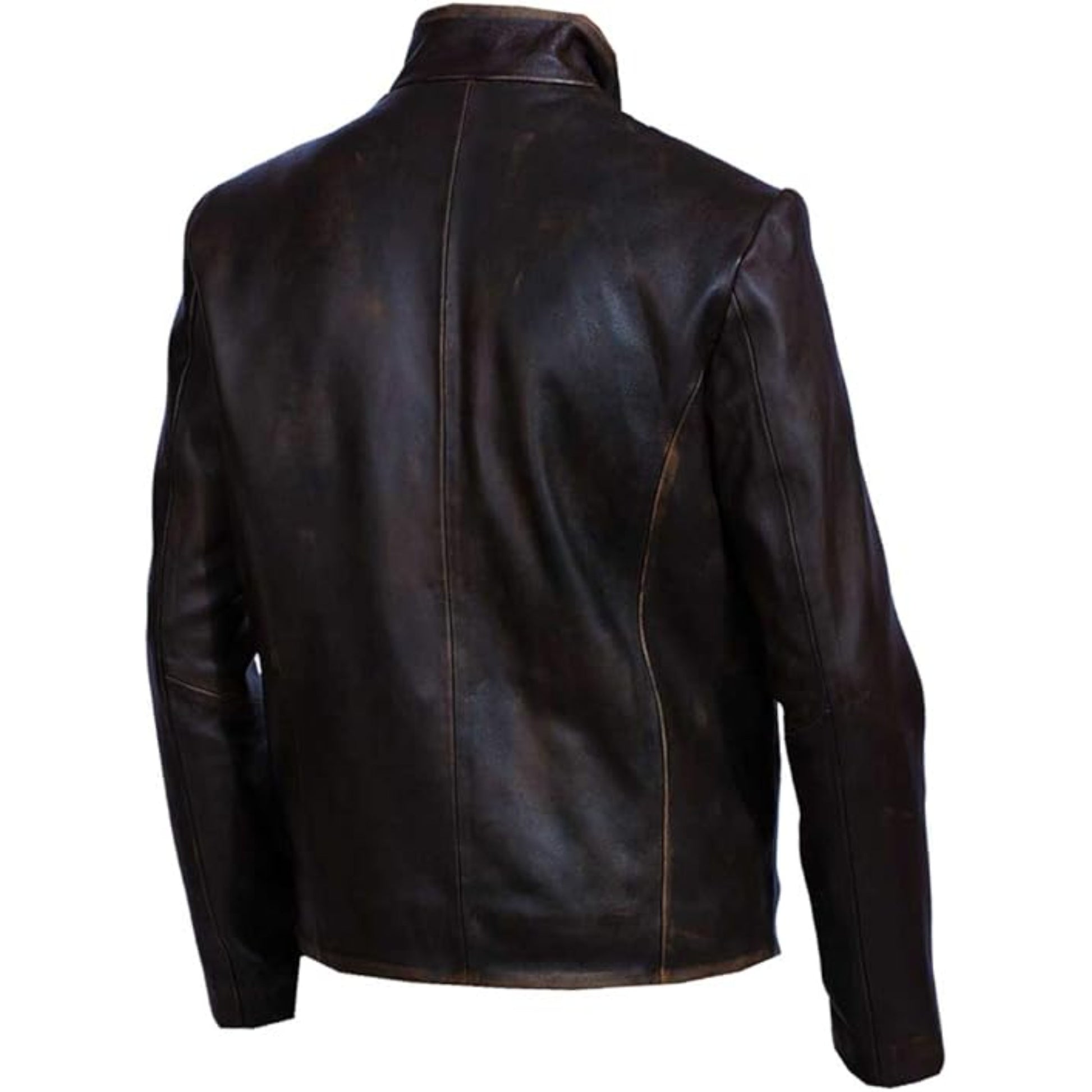 Back view of a dark brown leather jacket on a white background
