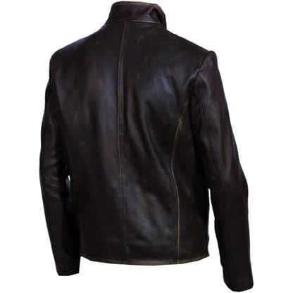 Back view of a dark brown leather jacket on a white background