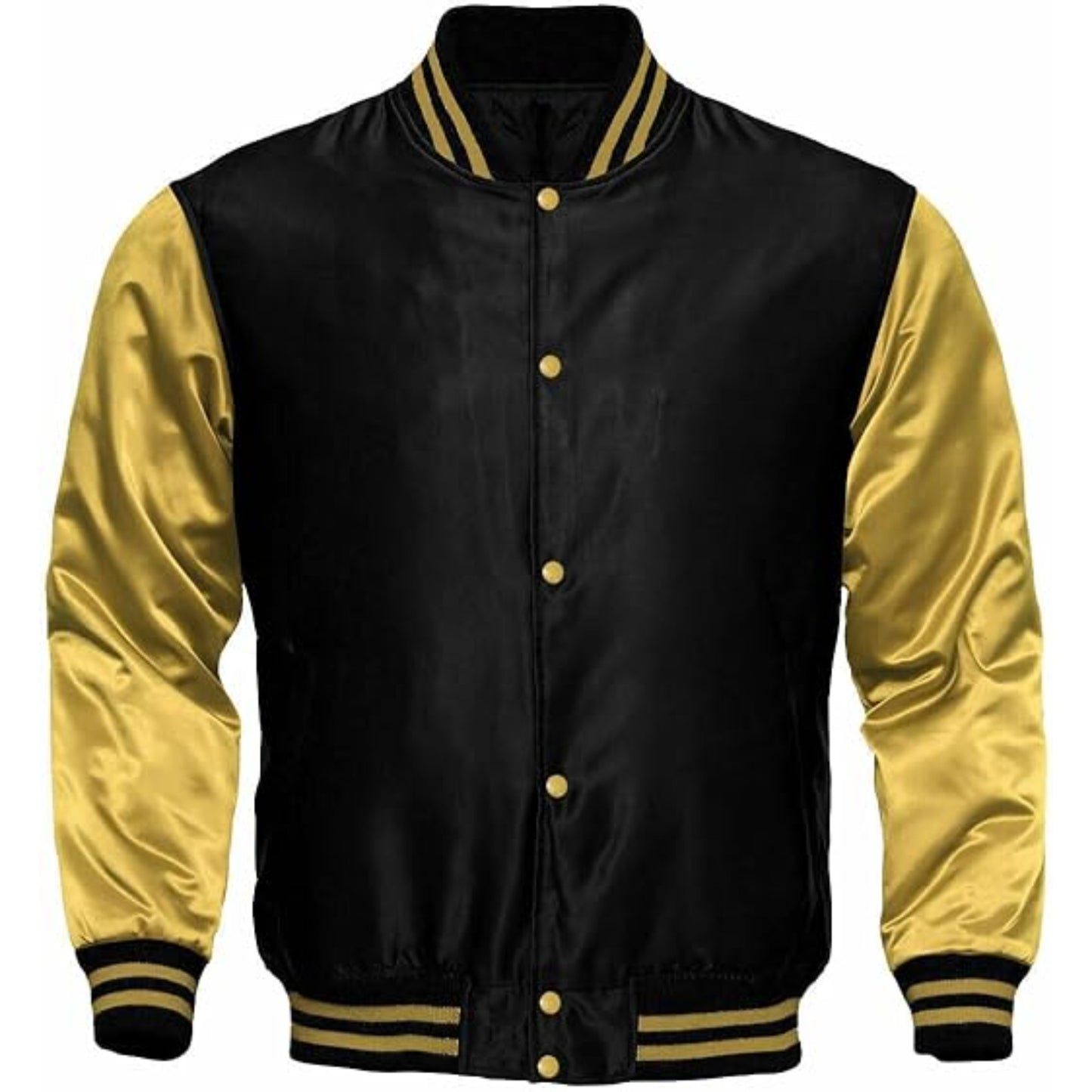Black and yellow varsity jacket with buttons on a white background