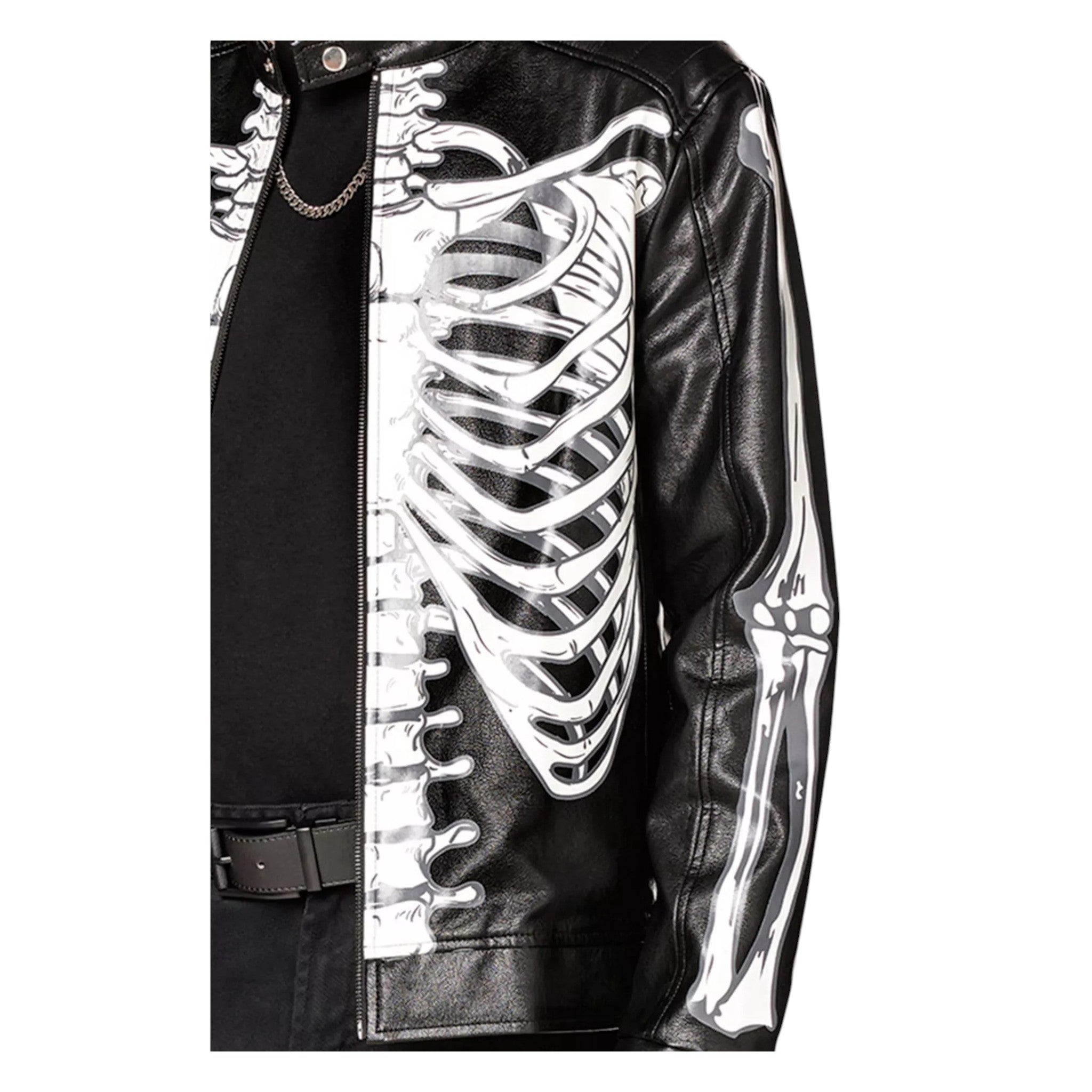 Black leather jacket with skeleton design on a white background