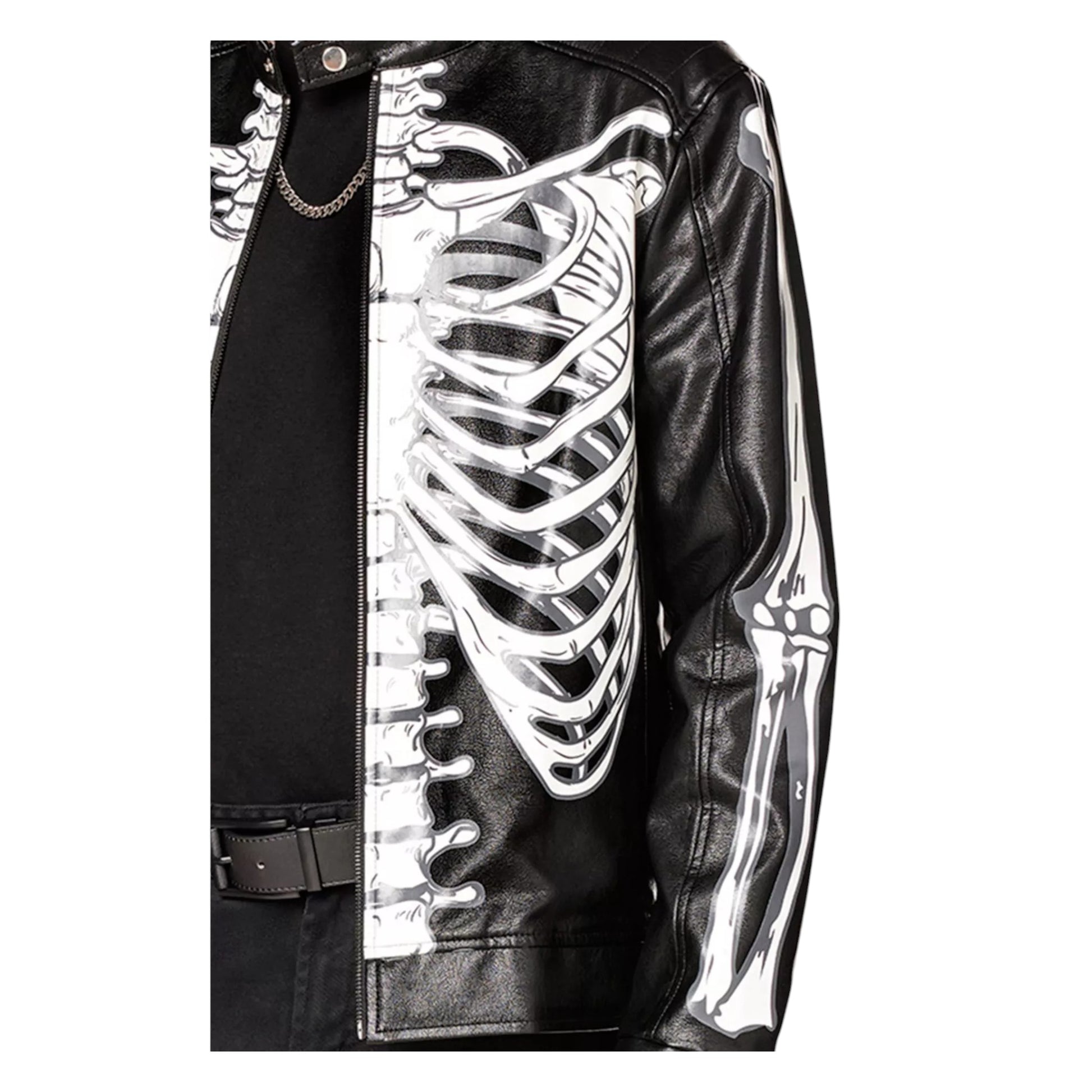 Black leather jacket with skeleton design on a white background