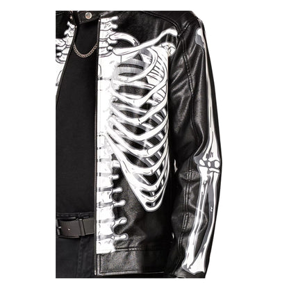 Black leather jacket with skeleton design on a white background