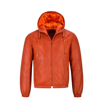 Orange leather jacket with hood on a white background