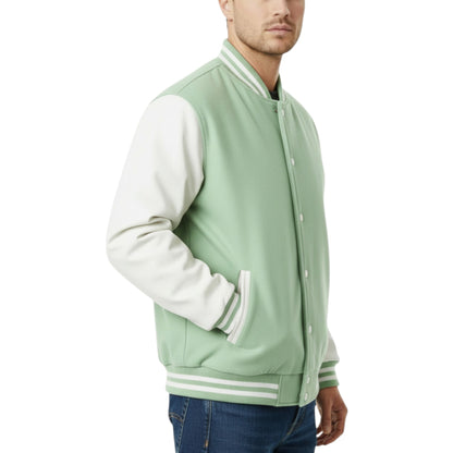 Light green varsity jacket with white sleeves and collar on a white background