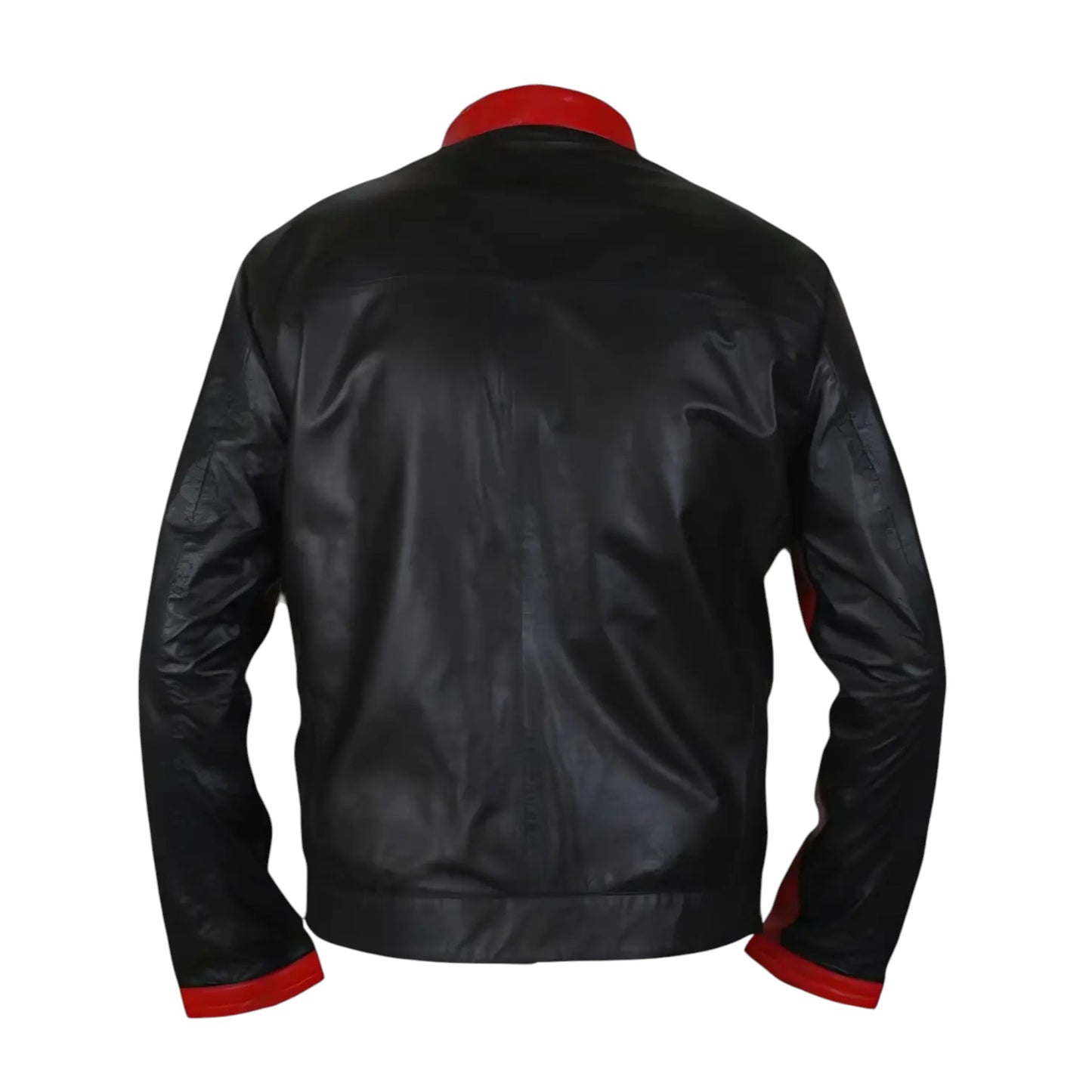 Black leather jacket with red trim on a white background