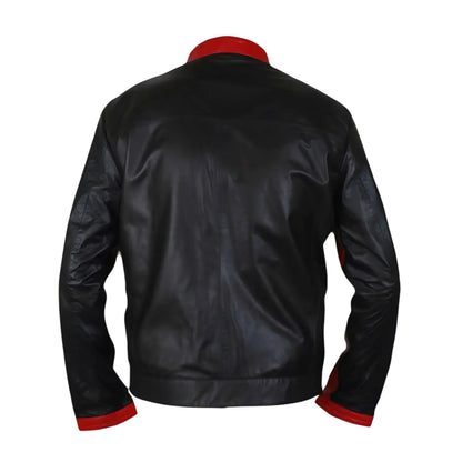 Black leather jacket with red trim on a white background