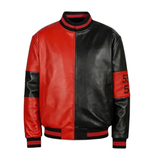 Red and black leather jacket with number 5 on a white background