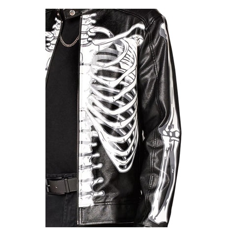 Black leather jacket with skeleton design on a white background