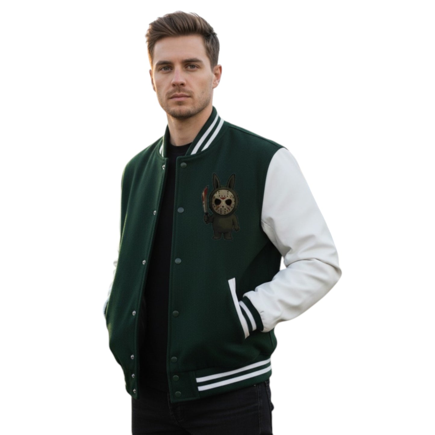 Man wearing a green and white varsity jacket with a logo on a white background