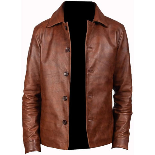 Brown leather jacket on a white background