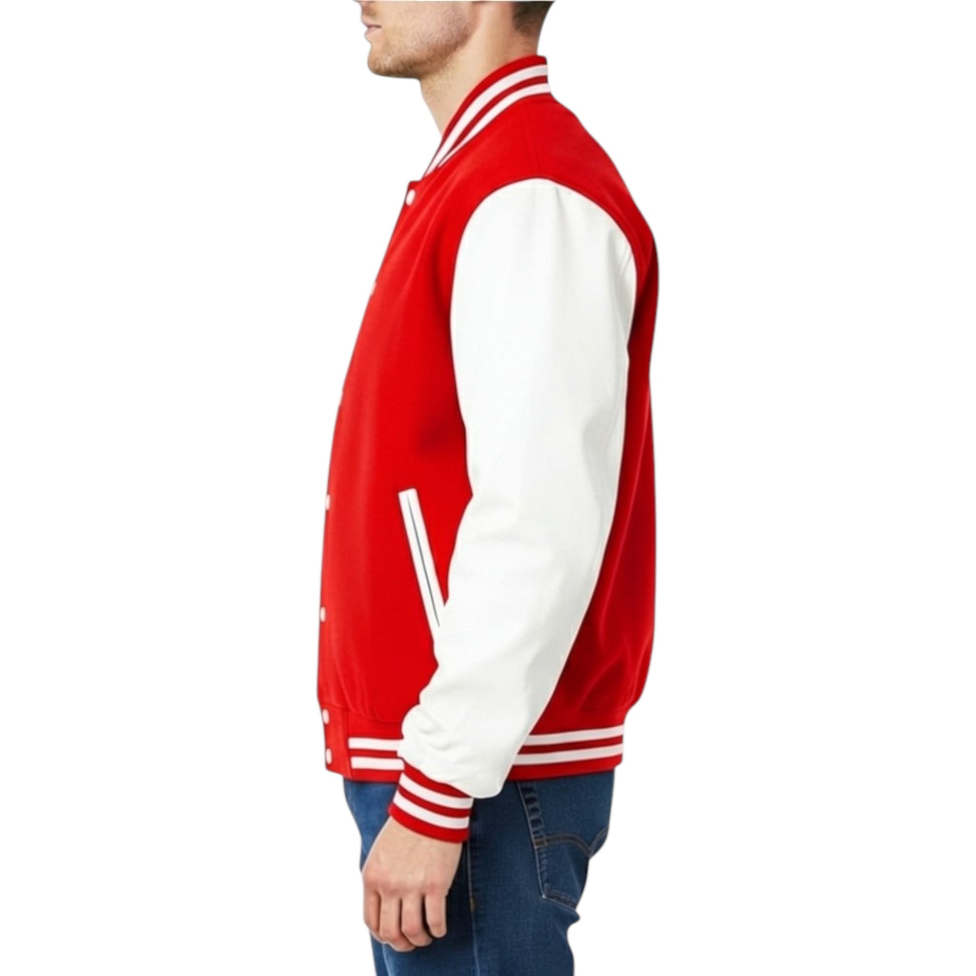 Red and white varsity jacket worn by a person on a white background