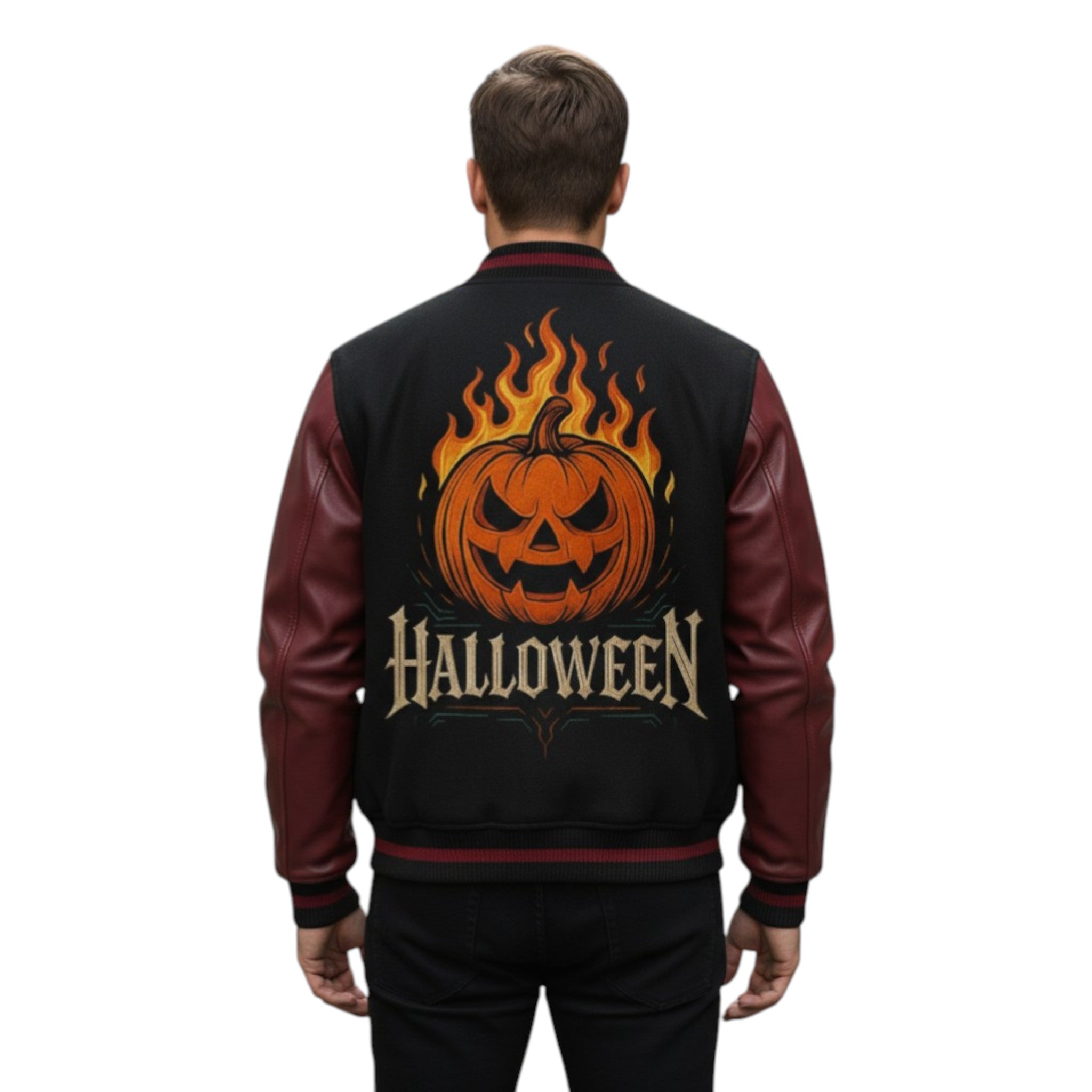Person wearing a black and red Halloween-themed jacket with a pumpkin design on the back.