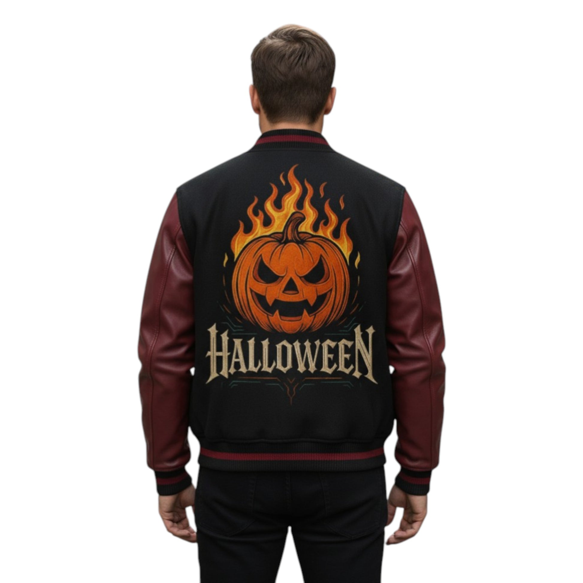 Person wearing a black and red Halloween-themed jacket with a pumpkin design on the back.