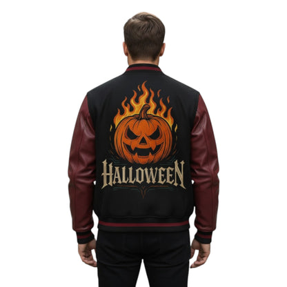 Person wearing a black and red Halloween-themed jacket with a pumpkin design on the back.