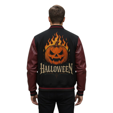 Person wearing a black and red Halloween-themed jacket with a pumpkin design on the back.