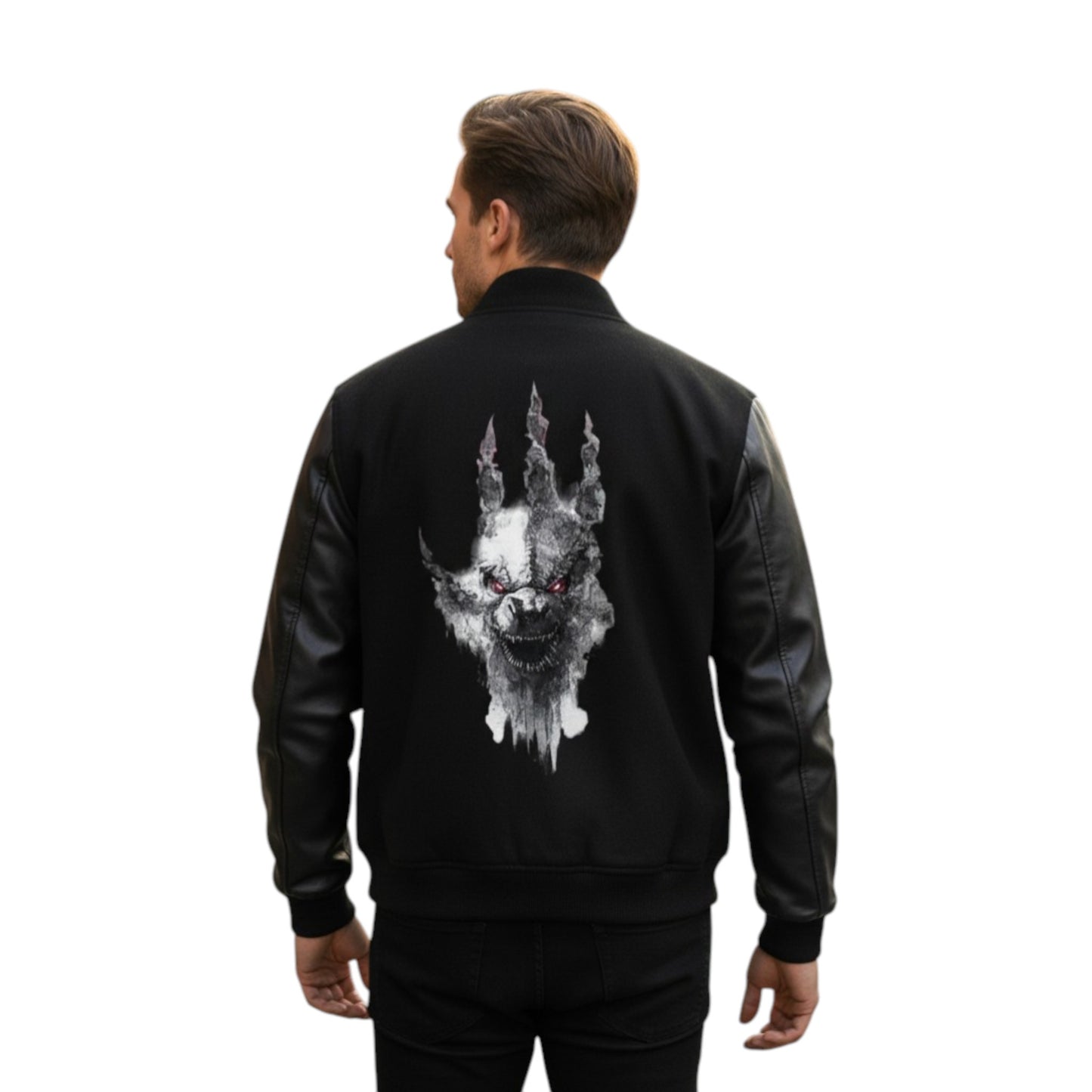 Person wearing a black jacket with a graphic design on the back against a white background