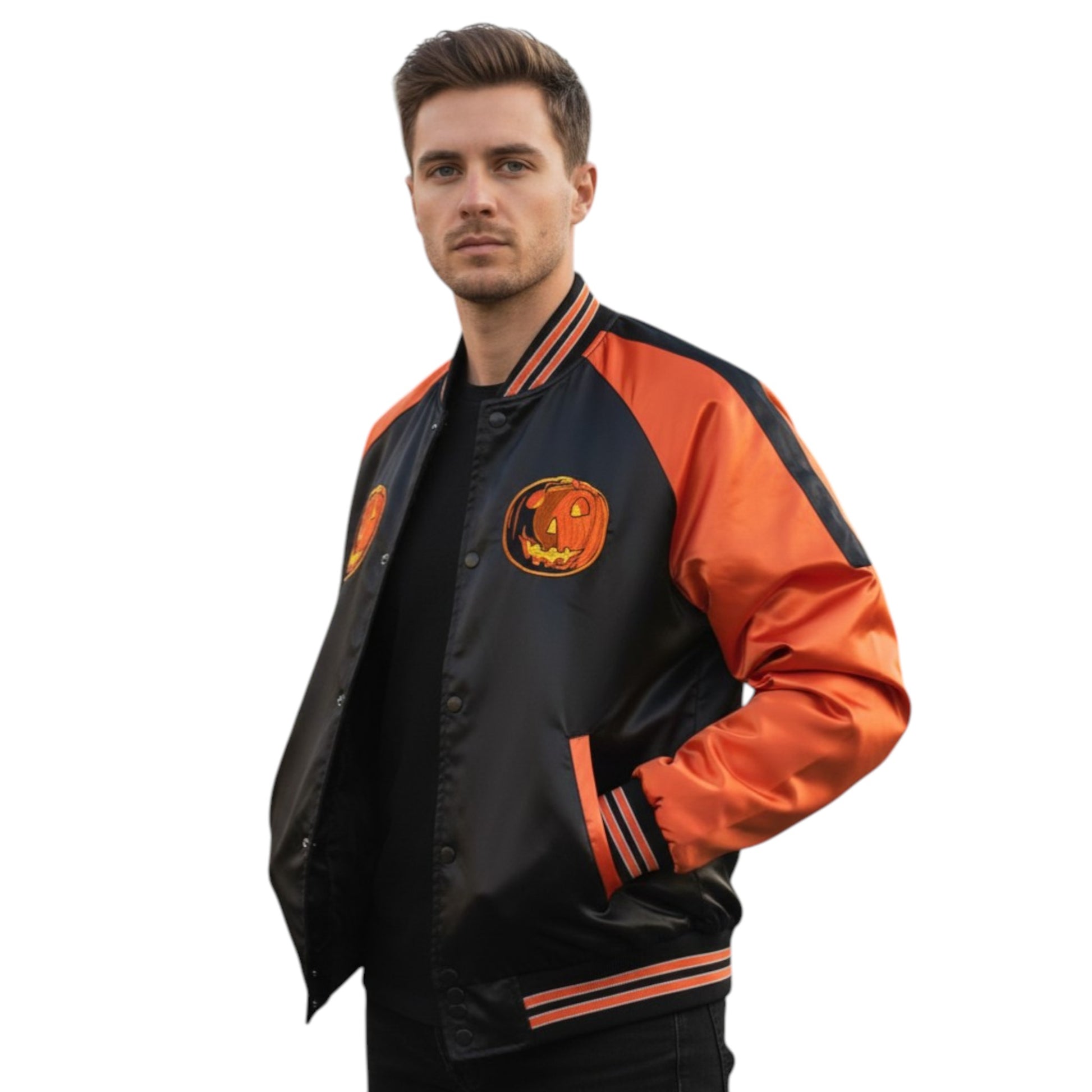 Man wearing a black and orange jacket with a logo on a white background