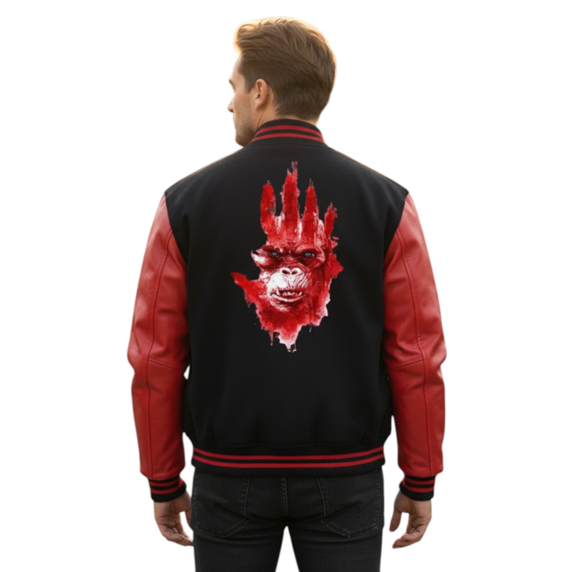Person wearing a black and red jacket with a graphic design on the back