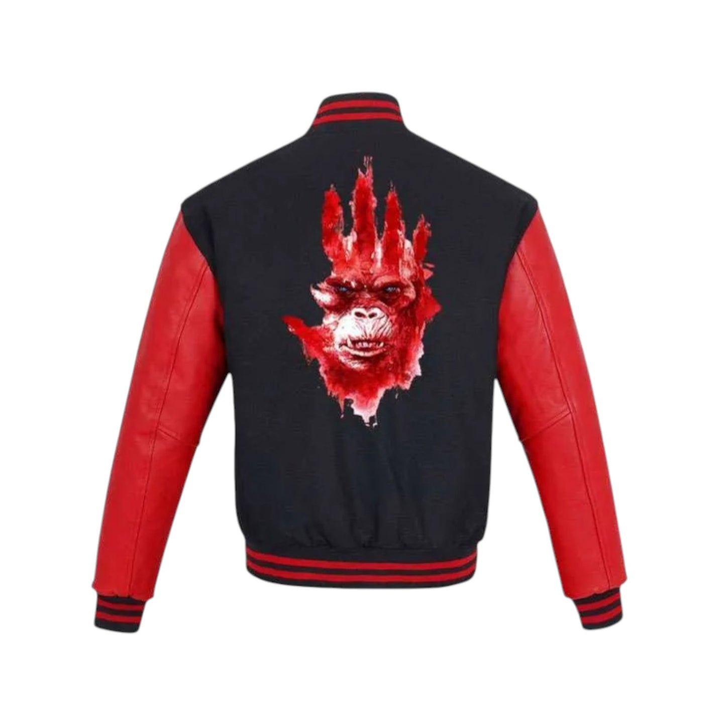 Black and red jacket with a red gorilla graphic on the back against a white background