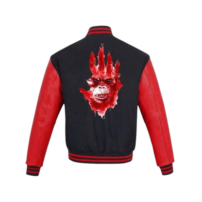 Black and red jacket with a red gorilla graphic on the back against a white background