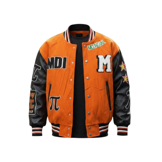 Orange and black varsity jacket with letterman design on a white background