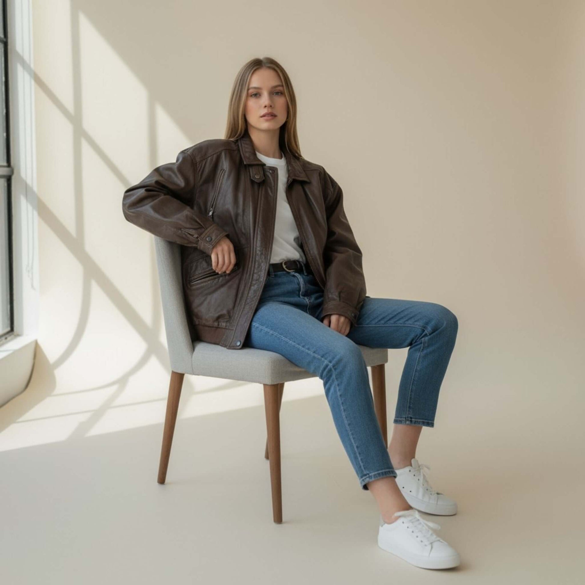 Genuine Brown Leather Vintage Bomber Jacket