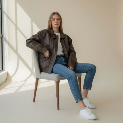 Genuine Brown Leather Vintage Bomber Jacket