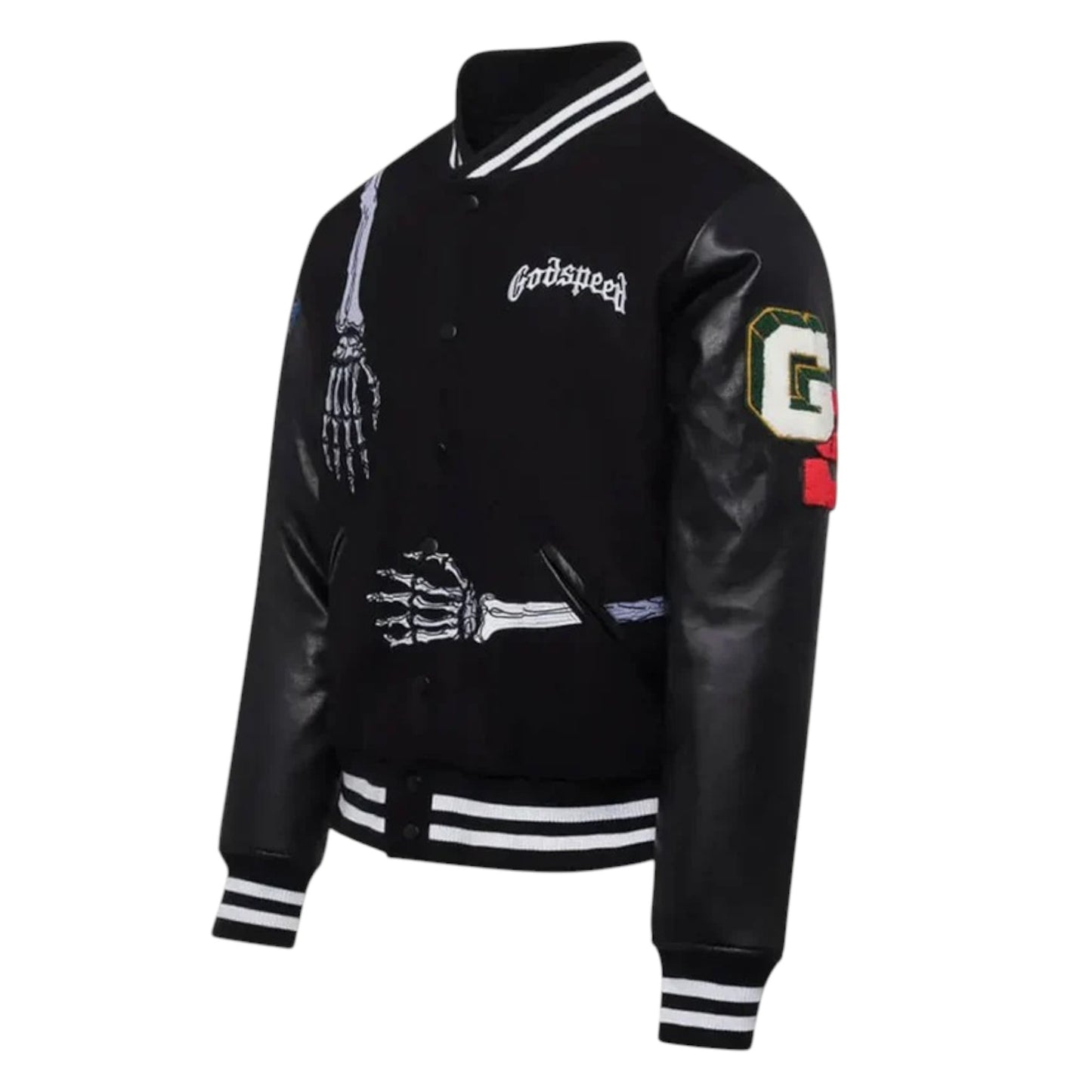 Black varsity jacket with skeleton hand design and 'Godspeed' branding on a white background