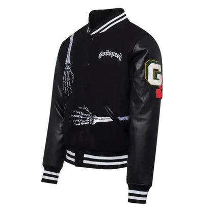 Black varsity jacket with skeleton hand design and 'Godspeed' branding on a white background